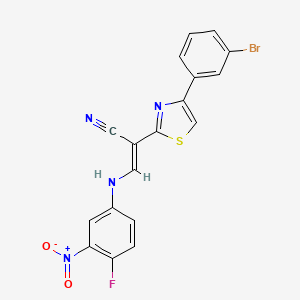 molecular formula C18H10BrFN4O2S B2577277 (2E)-2-[4-(3-bromophenyl)-1,3-thiazol-2-yl]-3-[(4-fluoro-3-nitrophenyl)amino]prop-2-enenitrile CAS No. 477298-46-7