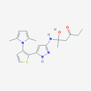 molecular formula C19H24N4O2S B2577366 5-({3-[3-(2,5-dimethyl-1H-pyrrol-1-yl)-2-thienyl]-1H-pyrazol-5-yl}amino)-5-hydroxy-3-hexanone CAS No. 477762-16-6