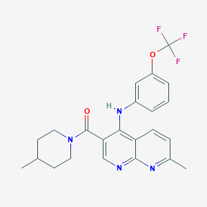 molecular formula C23H23F3N4O2 B2577368 （7-甲基-4-((3-(三氟甲氧基)苯基)氨基)-1,8-萘啶-3-基)(4-甲基哌啶-1-基)甲酮 CAS No. 1251545-04-6