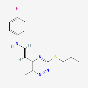 molecular formula C15H17FN4S B2577418 N-(4-fluorophenyl)-N-{2-[6-methyl-3-(propylsulfanyl)-1,2,4-triazin-5-yl]vinyl}amine CAS No. 477866-29-8