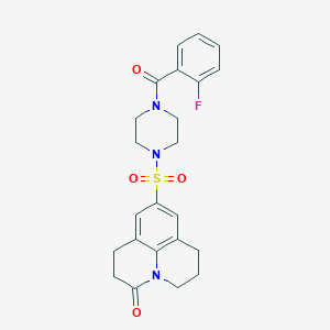 molecular formula C23H24FN3O4S B2577446 9-((4-(2-fluorobenzoyl)piperazin-1-yl)sulfonyl)-1,2,6,7-tetrahydropyrido[3,2,1-ij]quinolin-3(5H)-one CAS No. 946238-33-1