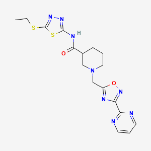 molecular formula C17H20N8O2S2 B2577455 N-(5-(ethylthio)-1,3,4-thiadiazol-2-yl)-1-((3-(pyrimidin-2-yl)-1,2,4-oxadiazol-5-yl)methyl)piperidine-3-carboxamide CAS No. 1286698-68-7