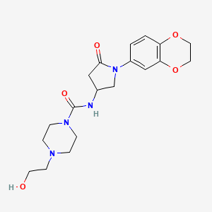 molecular formula C19H26N4O5 B2577483 N-(1-(2,3-二氢苯并[b][1,4]二噁英-6-基)-5-氧代吡咯烷-3-基)-4-(2-羟乙基)哌嗪-1-甲酰胺 CAS No. 894035-66-6