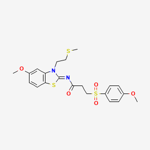 molecular formula C21H24N2O5S3 B2577554 (Z)-N-(5-甲氧基-3-(2-(甲硫基)乙基)苯并[d]噻唑-2(3H)-亚甲基)-3-((4-甲氧基苯基)磺酰基)丙酰胺 CAS No. 941882-99-1