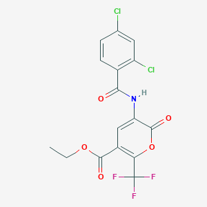 molecular formula C16H10Cl2F3NO5 B2577574 Ethyl 5-[(2,4-dichlorobenzoyl)amino]-6-oxo-2-(trifluoromethyl)pyran-3-carboxylate CAS No. 400083-21-8