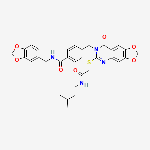 molecular formula C32H32N4O7S B2577637 N-(benzo[d][1,3]dioxol-5-ylmethyl)-4-((6-((2-(isopentylamino)-2-oxoethyl)thio)-8-oxo-[1,3]dioxolo[4,5-g]quinazolin-7(8H)-yl)methyl)benzamide CAS No. 688061-94-1