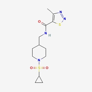 molecular formula C13H20N4O3S2 B2577641 N-((1-(cyclopropylsulfonyl)piperidin-4-yl)methyl)-4-methyl-1,2,3-thiadiazole-5-carboxamide CAS No. 1235257-22-3