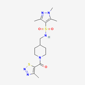 molecular formula C16H24N6O3S2 B2577670 1,3,5-三甲基-N-((1-(4-甲基-1,2,3-噻二唑-5-羰基)哌啶-4-基)甲基)-1H-吡唑-4-磺酰胺 CAS No. 1428357-39-4
