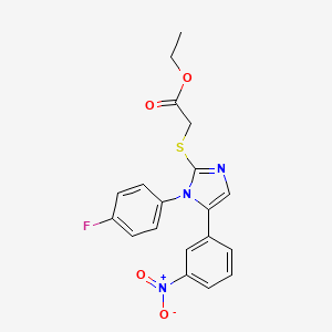molecular formula C19H16FN3O4S B2577733 2-((1-(4-氟苯基)-5-(3-硝基苯基)-1H-咪唑-2-基)硫代)乙酸乙酯 CAS No. 1235370-58-7