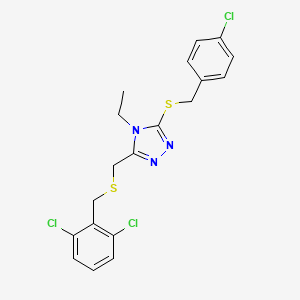 molecular formula C19H18Cl3N3S2 B2577749 4-chlorobenzyl 5-{[(2,6-dichlorobenzyl)sulfanyl]methyl}-4-ethyl-4H-1,2,4-triazol-3-yl sulfide CAS No. 344270-85-5