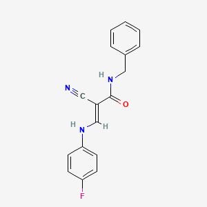 molecular formula C17H14FN3O B2577764 (2E)-N-benzyl-2-cyano-3-[(4-fluorophenyl)amino]prop-2-enamide CAS No. 881559-39-3
