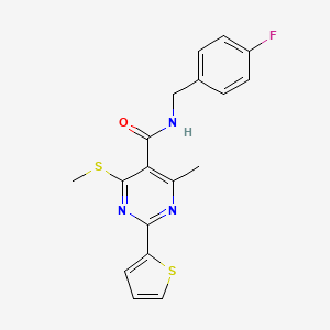 molecular formula C18H16FN3OS2 B2577783 N-[(4-fluorophenyl)methyl]-4-methyl-6-(methylsulfanyl)-2-(thiophen-2-yl)pyrimidine-5-carboxamide CAS No. 1030729-54-4