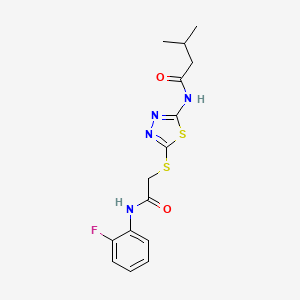 molecular formula C15H17FN4O2S2 B2577790 N-(5-((2-((2-fluorophenyl)amino)-2-oxoethyl)thio)-1,3,4-thiadiazol-2-yl)-3-methylbutanamide CAS No. 392298-01-0