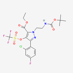 molecular formula C20H22ClF4N3O7S B2577797 Ethyl 1-(2-((tert-butoxycarbonyl)amino)ethyl)-3-(2-chloro-4-fluorophenyl)-4-(((trifluoromethyl)sulfonyl)oxy)-1H-pyrazole-5-carboxylate CAS No. 1956366-08-7