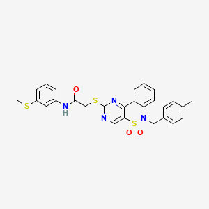 molecular formula C27H24N4O3S3 B2577864 2-((6-(4-methylbenzyl)-5,5-dioxido-6H-benzo[c]pyrimido[4,5-e][1,2]thiazin-2-yl)thio)-N-(3-(methylthio)phenyl)acetamide CAS No. 1115311-85-7