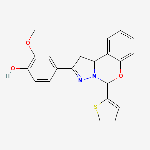 molecular formula C21H18N2O3S B2577875 2-methoxy-4-(5-(thiophen-2-yl)-5,10b-dihydro-1H-benzo[e]pyrazolo[1,5-c][1,3]oxazin-2-yl)phenol CAS No. 899985-01-4