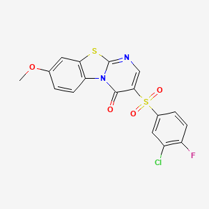 molecular formula C17H10ClFN2O4S2 B2577890 3-[(3-chloro-4-fluorophenyl)sulfonyl]-8-methoxy-4H-pyrimido[2,1-b][1,3]benzothiazol-4-one CAS No. 1982158-93-9