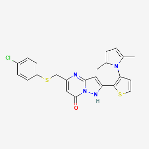molecular formula C23H19ClN4OS2 B2577895 5-([(4-Chlorophenyl)sulfanyl]methyl)-2-[3-(2,5-dimethyl-1H-pyrrol-1-YL)-2-thienyl]pyrazolo[1,5-A]pyrimidin-7-OL CAS No. 691868-62-9