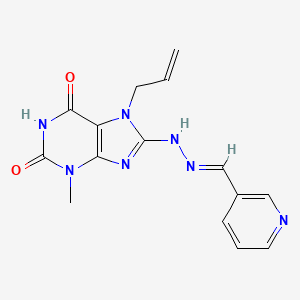molecular formula C15H15N7O2 B2577932 (E)-7-allyl-3-methyl-8-(2-(pyridin-3-ylmethylene)hydrazinyl)-1H-purine-2,6(3H,7H)-dione CAS No. 674305-35-2