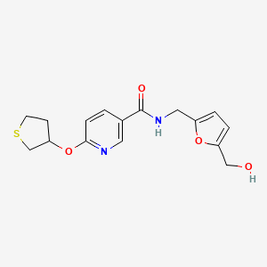 molecular formula C16H18N2O4S B2577979 N-((5-(hydroxymethyl)furan-2-yl)methyl)-6-((tetrahydrothiophen-3-yl)oxy)nicotinamide CAS No. 2034432-69-2