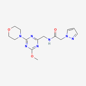 molecular formula C14H19N7O3 B2578036 N-((4-methoxy-6-morpholino-1,3,5-triazin-2-yl)methyl)-2-(1H-pyrazol-1-yl)acetamide CAS No. 2034471-29-7