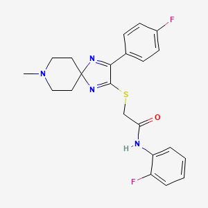molecular formula C22H22F2N4OS B2578058 N-(2-fluorophenyl)-2-((3-(4-fluorophenyl)-8-methyl-1,4,8-triazaspiro[4.5]deca-1,3-dien-2-yl)thio)acetamide CAS No. 1189660-38-5