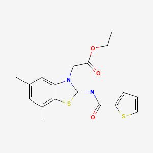 molecular formula C18H18N2O3S2 B2578060 Ethyl 2-[5,7-dimethyl-2-(thiophene-2-carbonylimino)-1,3-benzothiazol-3-yl]acetate CAS No. 868675-02-9