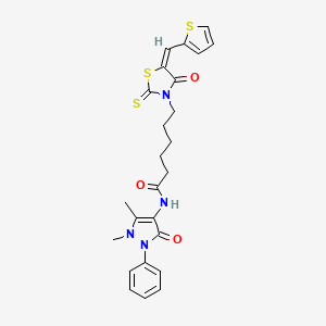 molecular formula C25H26N4O3S3 B2578129 (E)-N-(1,5-dimethyl-3-oxo-2-phenyl-2,3-dihydro-1H-pyrazol-4-yl)-6-(4-oxo-5-(thiophen-2-ylmethylene)-2-thioxothiazolidin-3-yl)hexanamide CAS No. 613225-05-1