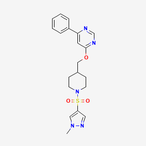 molecular formula C20H23N5O3S B2578136 4-[[1-(1-Methylpyrazol-4-yl)sulfonylpiperidin-4-yl]methoxy]-6-phenylpyrimidine CAS No. 2380009-74-3