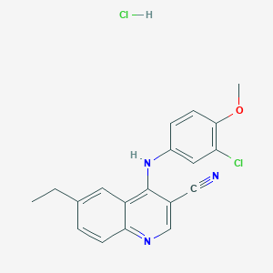molecular formula C19H17Cl2N3O B2578178 4-((3-氯-4-甲氧基苯基)氨基)-6-乙基喹啉-3-甲腈盐酸盐 CAS No. 1323703-50-9