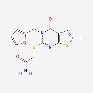 molecular formula C14H13N3O3S2 B2578197 2-[3-(Furan-2-ylmethyl)-6-methyl-4-oxothieno[2,3-d]pyrimidin-2-yl]sulfanylacetamide CAS No. 831215-23-7