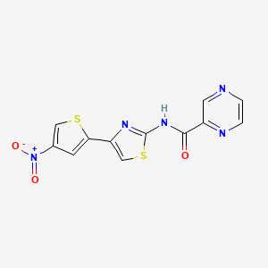 molecular formula C12H7N5O3S2 B2578279 N-(4-(4-硝基噻吩-2-基)噻唑-2-基)吡嗪-2-甲酰胺 CAS No. 1210635-91-8