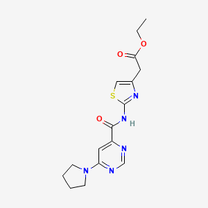 molecular formula C16H19N5O3S B2578331 Ethyl 2-(2-(6-(pyrrolidin-1-yl)pyrimidine-4-carboxamido)thiazol-4-yl)acetate CAS No. 2034581-35-4