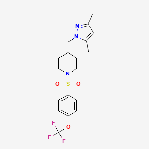 molecular formula C18H22F3N3O3S B2578337 4-((3,5-二甲基-1H-吡唑-1-基)甲基)-1-((4-(三氟甲氧基)苯基)磺酰基)哌啶 CAS No. 1396866-15-1