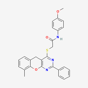 molecular formula C27H23N3O3S B2578342 N-(4-甲氧基苯基)-2-({9-甲基-2-苯基-5H-色烯并[2,3-D]嘧啶-4-基}硫烷基)乙酰胺 CAS No. 866871-20-7