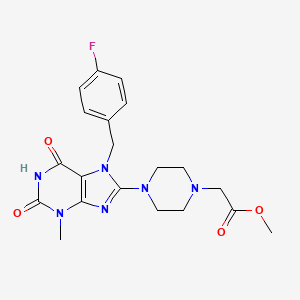 molecular formula C20H23FN6O4 B2578343 Methyl 2-[4-[7-[(4-fluorophenyl)methyl]-3-methyl-2,6-dioxopurin-8-yl]piperazin-1-yl]acetate CAS No. 895819-73-5