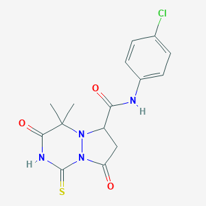 molecular formula C15H15ClN4O3S B257835 N-(4-chlorophenyl)-4,4-dimethyl-3,8-dioxo-1-sulfanyl-3,4,7,8-tetrahydro-6H-pyrazolo[1,2-a][1,2,4]triazine-6-carboxamide 