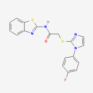 molecular formula C18H13FN4OS2 B2578386 N-(1,3-benzothiazol-2-yl)-2-[1-(4-fluorophenyl)imidazol-2-yl]sulfanylacetamide CAS No. 688336-86-9
