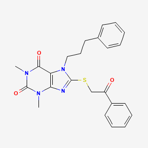molecular formula C24H24N4O3S B2578396 1,3-dimethyl-8-((2-oxo-2-phenylethyl)thio)-7-(3-phenylpropyl)-1H-purine-2,6(3H,7H)-dione CAS No. 377063-23-5