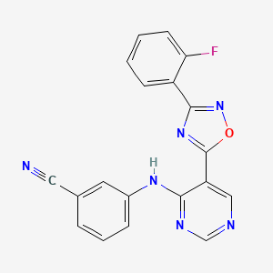 molecular formula C19H11FN6O B2578409 3-((5-(3-(2-Fluorophenyl)-1,2,4-oxadiazol-5-yl)pyrimidin-4-yl)amino)benzonitrile CAS No. 2034340-82-2