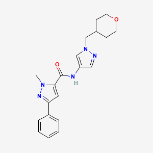molecular formula C20H23N5O2 B2578419 1-methyl-3-phenyl-N-(1-((tetrahydro-2H-pyran-4-yl)methyl)-1H-pyrazol-4-yl)-1H-pyrazole-5-carboxamide CAS No. 1705711-85-8