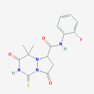 molecular formula C15H15FN4O3S B257843 N-(2-fluorophenyl)-4,4-dimethyl-3,8-dioxo-1-sulfanyl-3,4,7,8-tetrahydro-6H-pyrazolo[1,2-a][1,2,4]triazine-6-carboxamide 