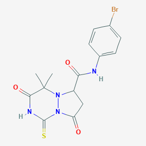 molecular formula C15H15BrN4O3S B257844 N-(4-bromophenyl)-4,4-dimethyl-3,8-dioxo-1-sulfanyl-3,4,7,8-tetrahydro-6H-pyrazolo[1,2-a][1,2,4]triazine-6-carboxamide 