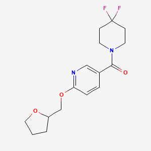 molecular formula C16H20F2N2O3 B2578444 (4,4-Difluoropiperidin-1-yl)(6-((tetrahydrofuran-2-yl)methoxy)pyridin-3-yl)methanone CAS No. 2034388-52-6