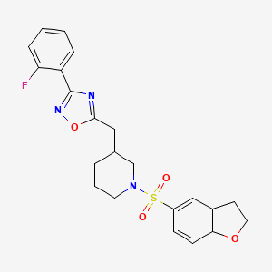 molecular formula C22H22FN3O4S B2578446 5-((1-((2,3-Dihydrobenzofuran-5-yl)sulfonyl)piperidin-3-yl)methyl)-3-(2-fluorophenyl)-1,2,4-oxadiazole CAS No. 1705938-17-5
