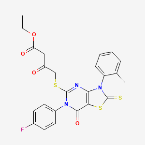molecular formula C24H20FN3O4S3 B2578526 4-[[6-(4-氟苯基)-3-(2-甲基苯基)-7-氧代-2-硫代亚甲基-[1,3]噻唑并[4,5-d]嘧啶-5-基]硫代基]-3-氧代丁酸乙酯 CAS No. 422298-45-1