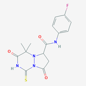 molecular formula C15H15FN4O3S B257859 N-(4-fluorophenyl)-4,4-dimethyl-3,8-dioxo-1-sulfanyl-3,4,7,8-tetrahydro-6H-pyrazolo[1,2-a][1,2,4]triazine-6-carboxamide 