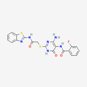 molecular formula C20H15FN6O3S2 B2578595 N-(4-氨基-2-((2-(苯并[d]噻唑-2-基氨基)-2-氧代乙基)硫)-6-氧代-1,6-二氢嘧啶-5-基)-2-氟苯甲酰胺 CAS No. 872597-29-0