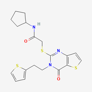 molecular formula C19H21N3O2S3 B2578599 N-cyclopentyl-2-({4-oxo-3-[2-(thiophen-2-yl)ethyl]-3,4-dihydrothieno[3,2-d]pyrimidin-2-yl}sulfanyl)acetamide CAS No. 1260933-21-8