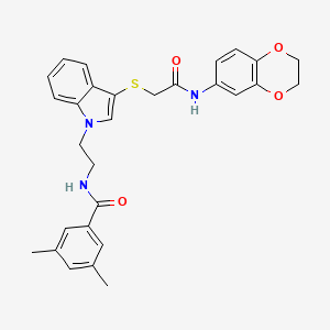 molecular formula C29H29N3O4S B2578623 N-(2-(3-((2-((2,3-二氢苯并[b][1,4]二噁英-6-基)氨基)-2-氧代乙基)硫代)-1H-吲哚-1-基)乙基)-3,5-二甲基苯甲酰胺 CAS No. 532974-41-7